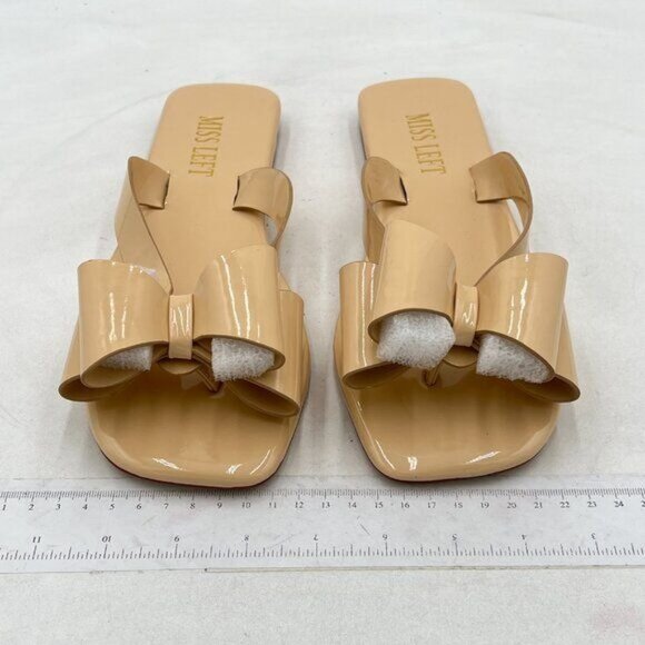 miss left Nude Versatile Open Square Toe Flip Flops Double Bowknots Slip On Shoe - Picture 3 of 8